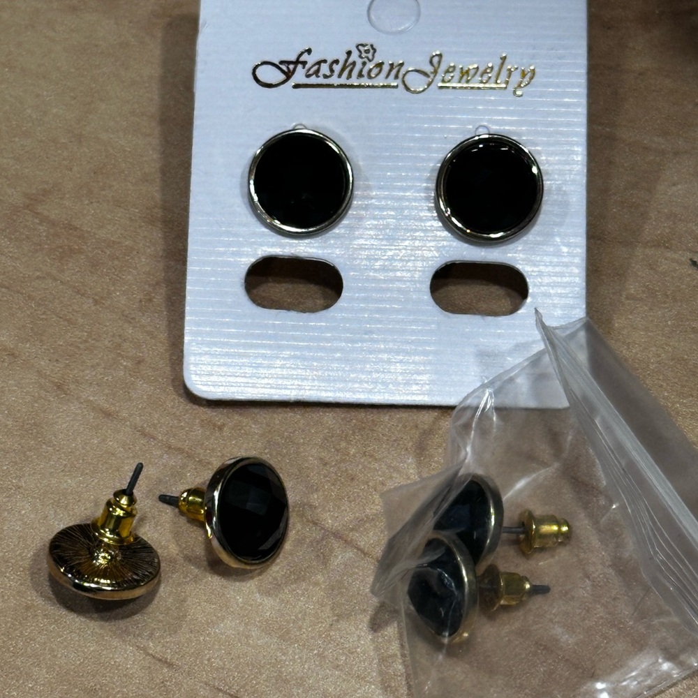 Gold and Black Stud Earrings - Picture 4 of 6